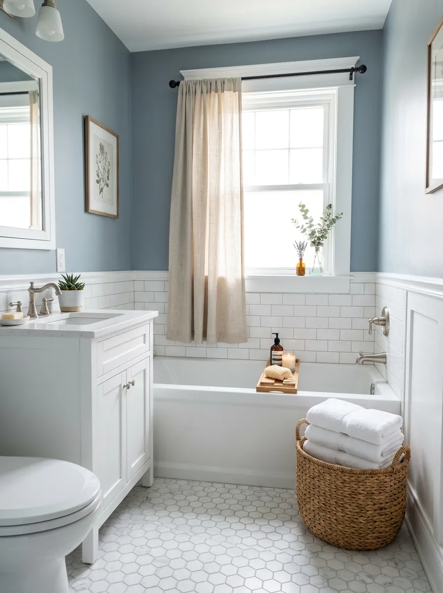 Real-life photograph of a bathroom with blue-gray painted walls, white trim, linen curtain over the window, woven basket with neatly folded towels beside the tub, beautifully organized and clean styling, bright natural light, vibrant soft blue tones, calm real home bathroom, photorealistic stock photo style.