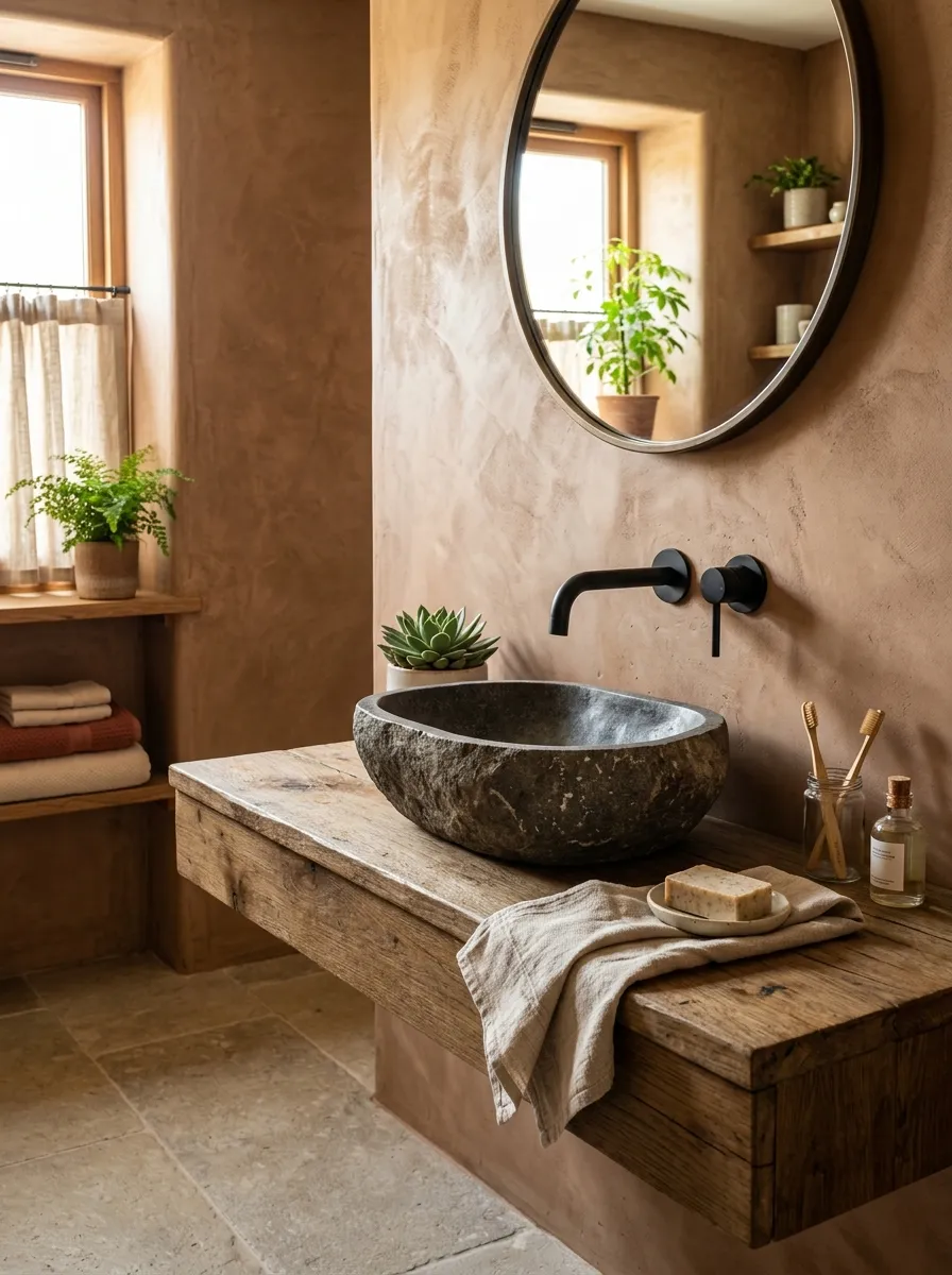 Real-life photograph of a bathroom with textured clay-colored plaster walls, stone vessel sink, matte black faucet, small neatly folded towel beautifully arranged beside the sink, organized and clean styling, bright natural light highlighting wall texture, vibrant clay and terracotta tones, real home bathroom, photorealistic stock photo style.