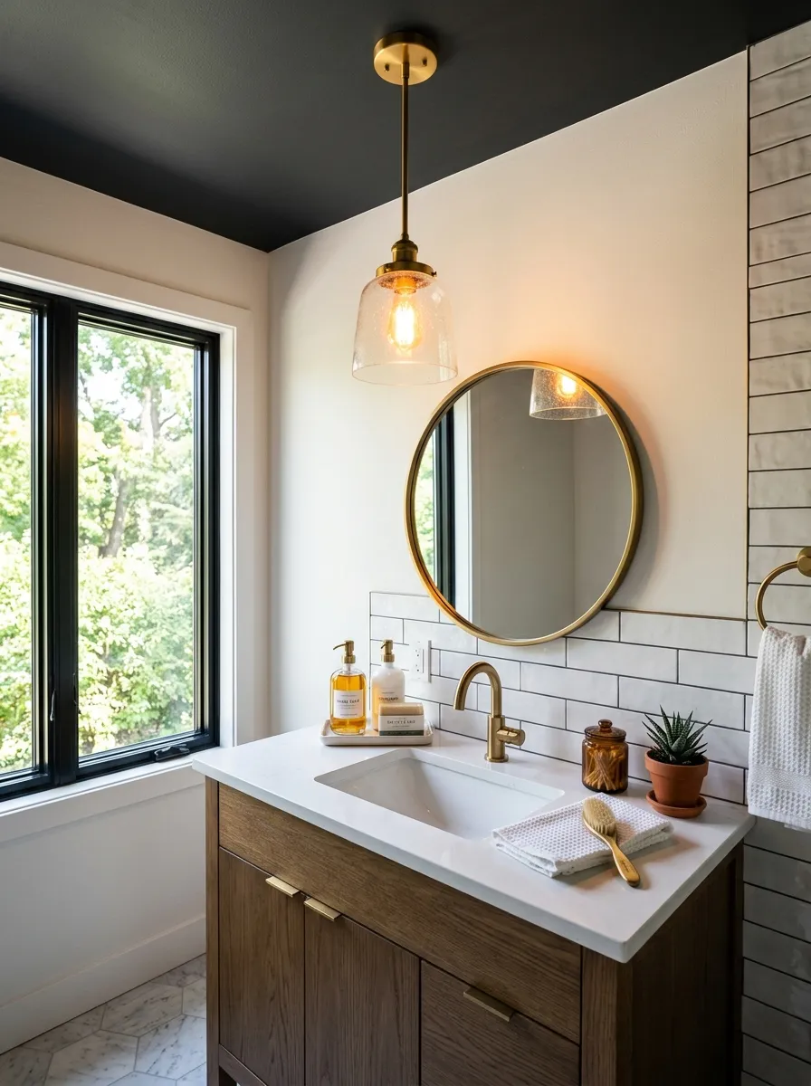 Real-life photograph of a bathroom with a dark charcoal painted ceiling, warm brass pendant light hanging above a vanity, neatly arranged bath accessories on the counter below, beautifully styled and organized, clean composition, bright natural light from a window, vibrant warm brass glow, real home bathroom, photorealistic stock photo style.