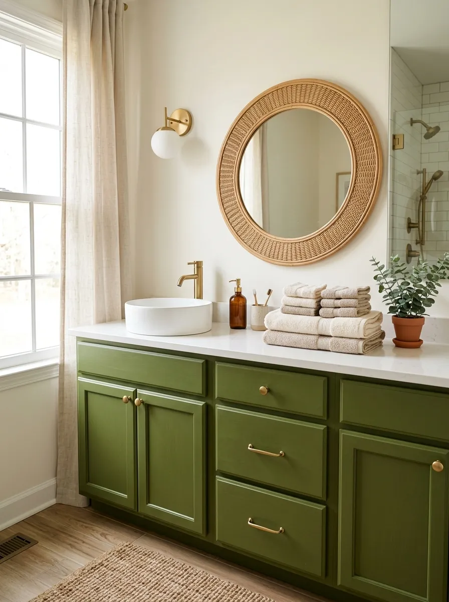 Real-life photograph of a bathroom with olive green cabinetry, matte gold drawer handles, round rattan-framed mirror, neatly stacked neutral towels beautifully arranged on the counter, organized and clean styling, bright natural light, vibrant olive green tones, real home bathroom, photorealistic stock photo style.