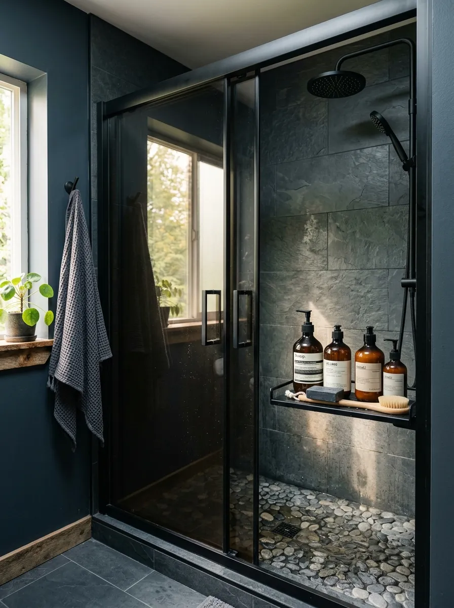 Real-life photograph of a bathroom shower enclosure with smoked glass doors, black metal hardware, textured stone shower floor, neatly arranged bath products on a small shelf, beautifully organized and clean styling, bright natural light filtering through the glass, vibrant tones, real home moody bathroom, photorealistic stock photo style.