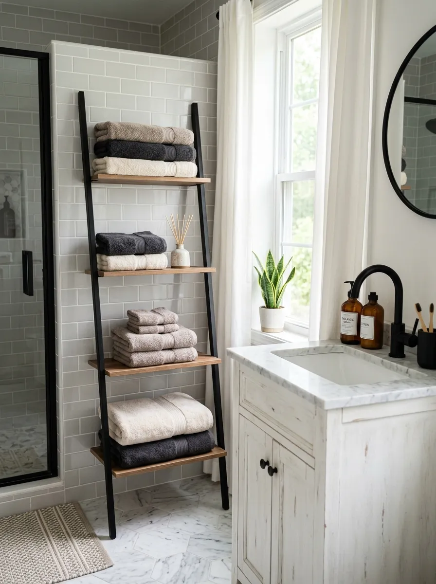 Real-life photograph of a bathroom with a black ladder shelf holding neatly folded layered neutral towels in taupe, charcoal, and cream, matte black faucet hardware nearby, beautifully arranged and organized styling, clean composition, bright natural light, vibrant neutral tones, real home bathroom, photorealistic stock photo style.