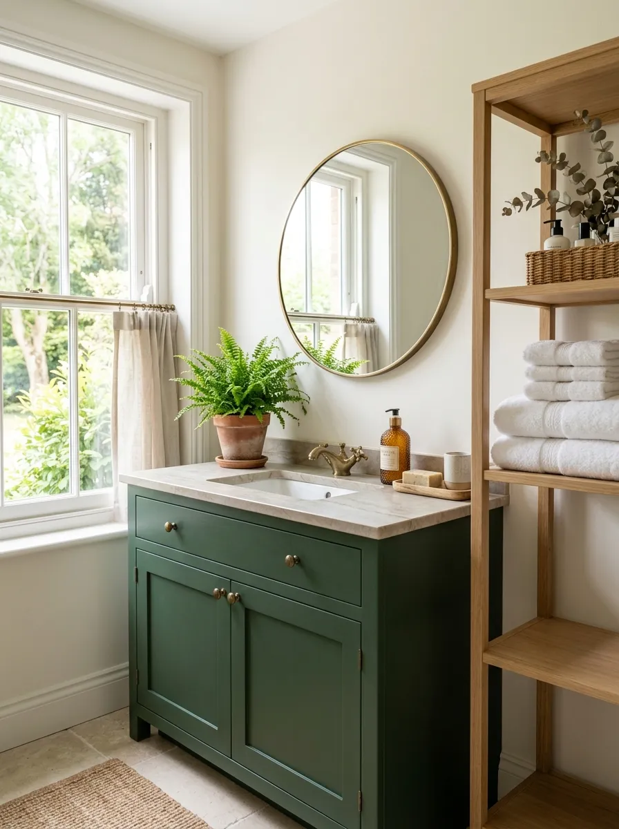 Real-life photograph of a bathroom with a forest green vanity cabinet, natural stone countertop, round mirror, potted fern on the counter, neatly folded white towels beautifully arranged on an open shelf, organized and clean styling, bright natural light from a nearby window, vibrant green tones, calm spa-like atmosphere, photorealistic stock photo style.