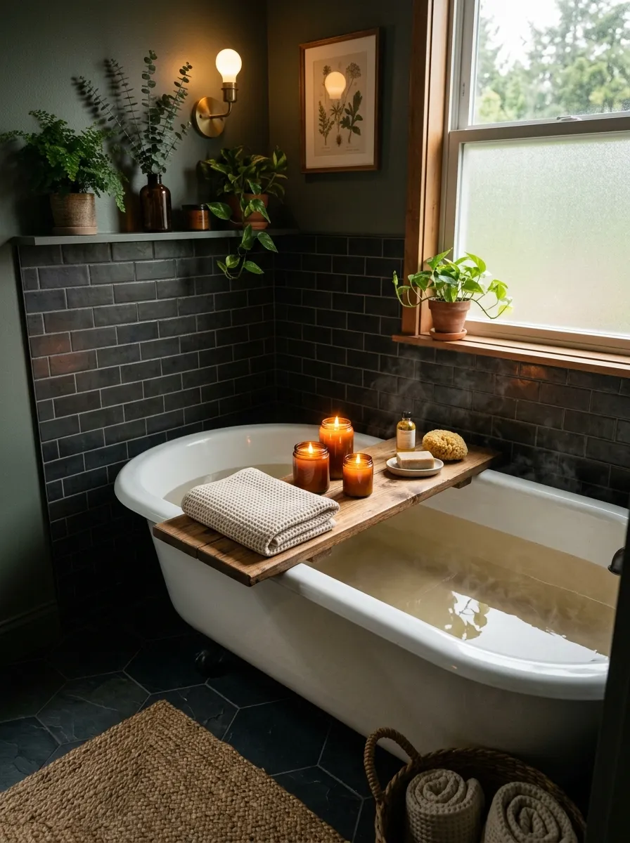 Real-life photograph of a bathtub surrounded by dark tile, wood tray across the tub holding lit candles and a neatly folded towel, beautifully arranged and organized styling, clean composition, warm candlelight combined with soft natural light, vibrant warm glow, real home moody bathroom, photorealistic stock photo style.