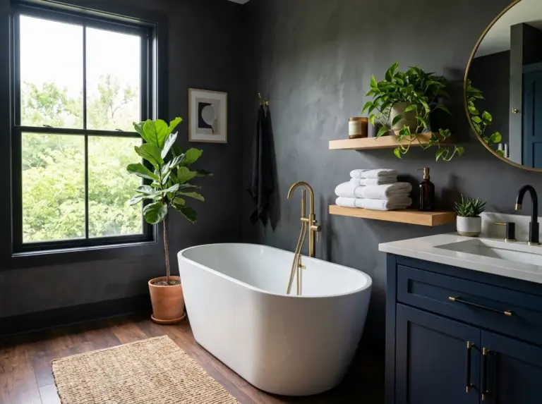 Real-life photograph of a beautifully styled moody bathroom with dark charcoal and navy tones, brass and matte black fixtures, a freestanding tub, neatly arranged white towels, potted greenery, and warm wood accents, organized and clean composition, bright natural light streaming through a window, vibrant rich colors, Pinterest-worthy real home interior, photorealistic stock photo style.