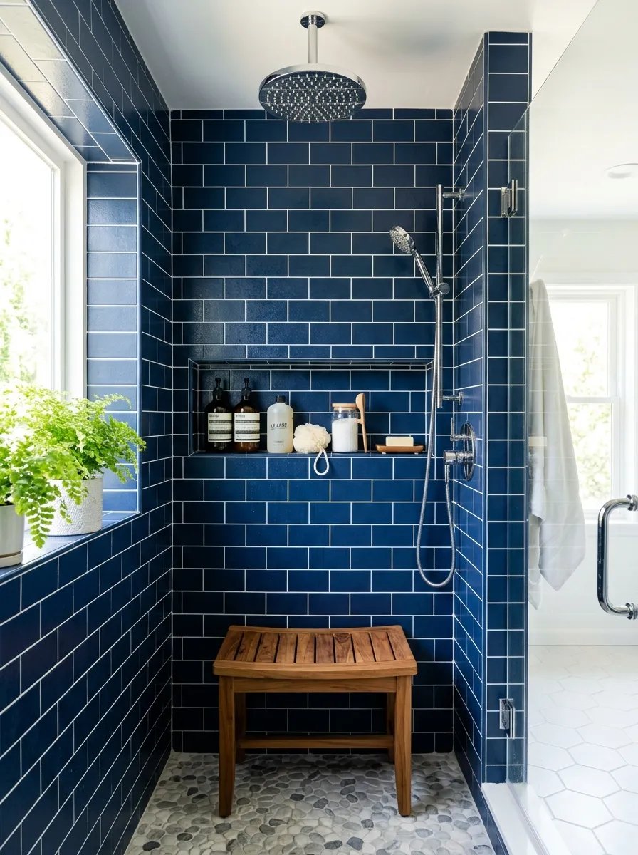 Real-life photograph of a walk-in shower with navy blue tile walls, white grout lines, rainfall showerhead, small teak wood bench, neatly arranged bath products on a shower shelf, organized and clean styling, bright natural light, vibrant blue tones, spa-like real home bathroom, photorealistic stock photo style.