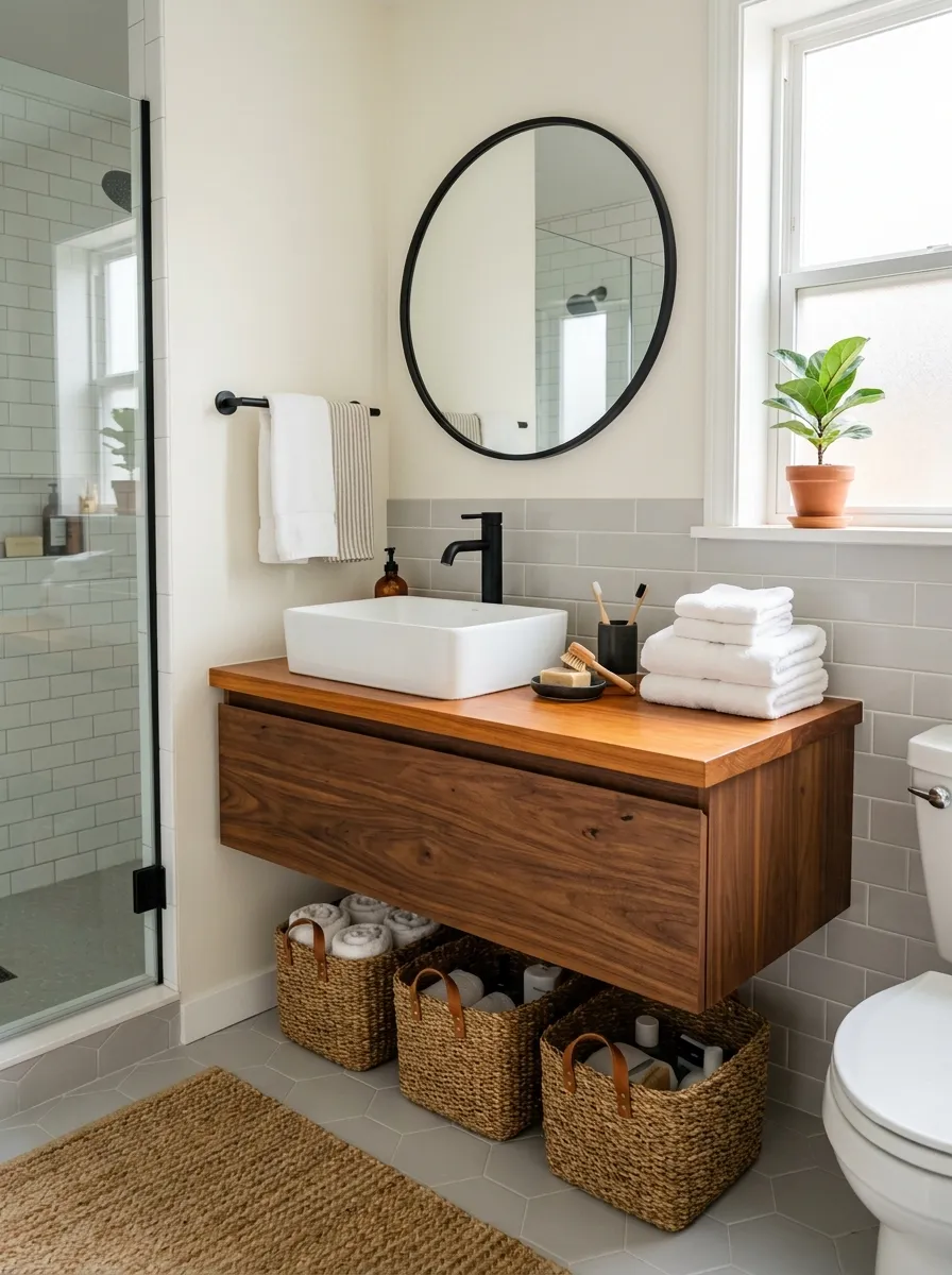 Real-life photograph of a bathroom with a matte black faucet and towel bar, floating wood vanity, woven storage baskets neatly arranged underneath, beautifully organized counter with folded towels, clean and tidy styling, bright natural light, vibrant warm wood tones, cozy modern real home bathroom, photorealistic stock photo style.