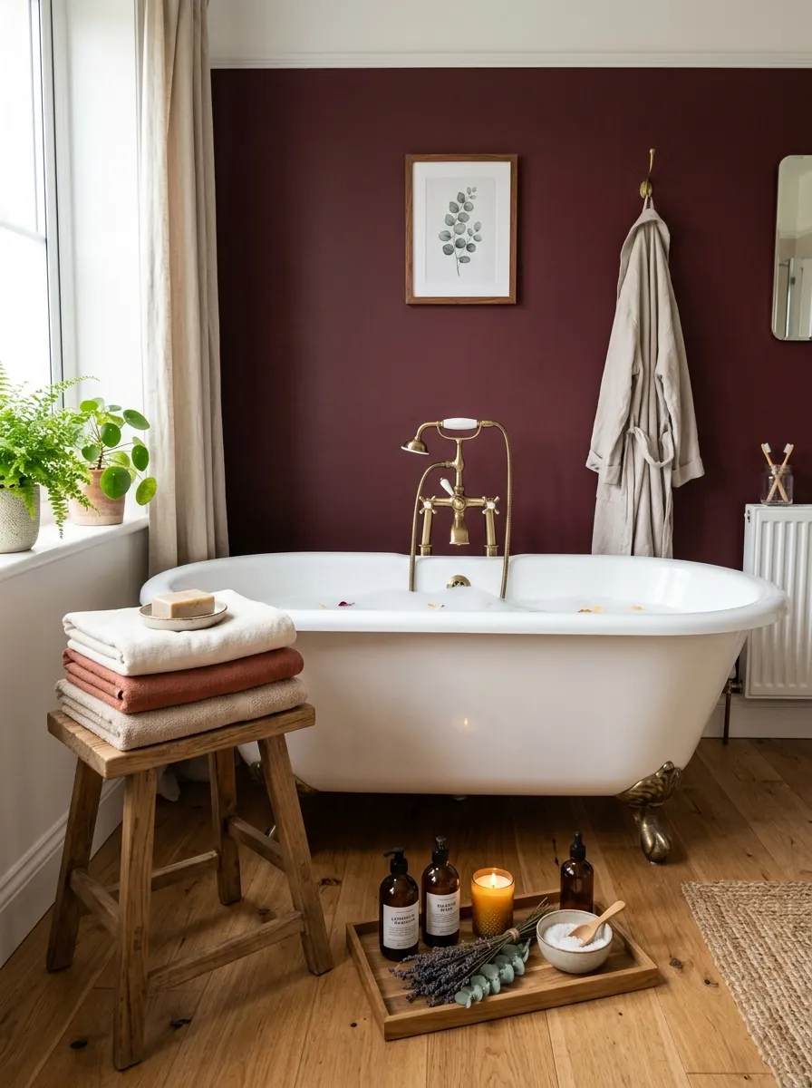 Real-life photograph of a freestanding bathtub against a deep burgundy accent wall, soft linen towels neatly folded on a wood stool, small tray with candles and bath oils beautifully arranged nearby, organized and clean styling, bright natural light, vibrant warm red tones, cozy real home bathroom, photorealistic stock photo style.