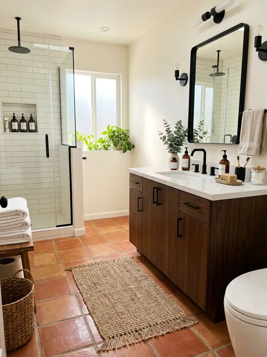 Real-life photograph of a bathroom with terracotta tile flooring, dark wood cabinetry, black hardware, woven jute bath mat neatly placed on the floor, beautifully arranged toiletries on the counter, organized and clean styling, bright natural light, vibrant terracotta tones, warm real home atmosphere, photorealistic stock photo style.