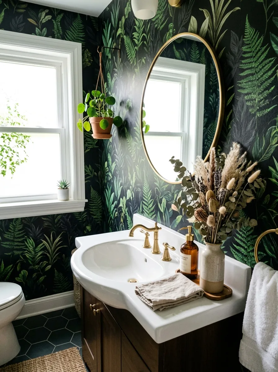 Real-life photograph of a bathroom with dark botanical print wallpaper, white sink and fixtures, small hanging plant near the mirror, neatly arranged dried flowers in a vase on the counter, organized and clean styling, bright natural light, vibrant green and black tones, real home moody bathroom, photorealistic stock photo style.