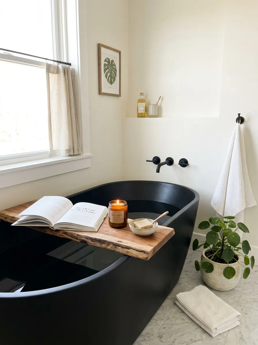 Real-life photograph of a black soaking tub in a bathroom with light-colored walls, wood tray across the tub holding a candle and a book, small potted plant nearby, neatly arranged and beautifully styled, organized and clean space, bright natural light, vibrant contrast between black and white tones, photorealistic stock photo style.