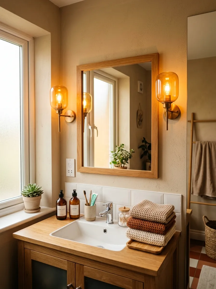Real-life photograph of a bathroom with warm amber wall sconces beside a mirror, soft golden lighting glow, neatly arranged bath products on the counter, beautifully styled towels folded nearby, organized and clean space, bright natural light mixed with warm sconce lighting, vibrant amber tones, cozy real home atmosphere, photorealistic stock photo style.