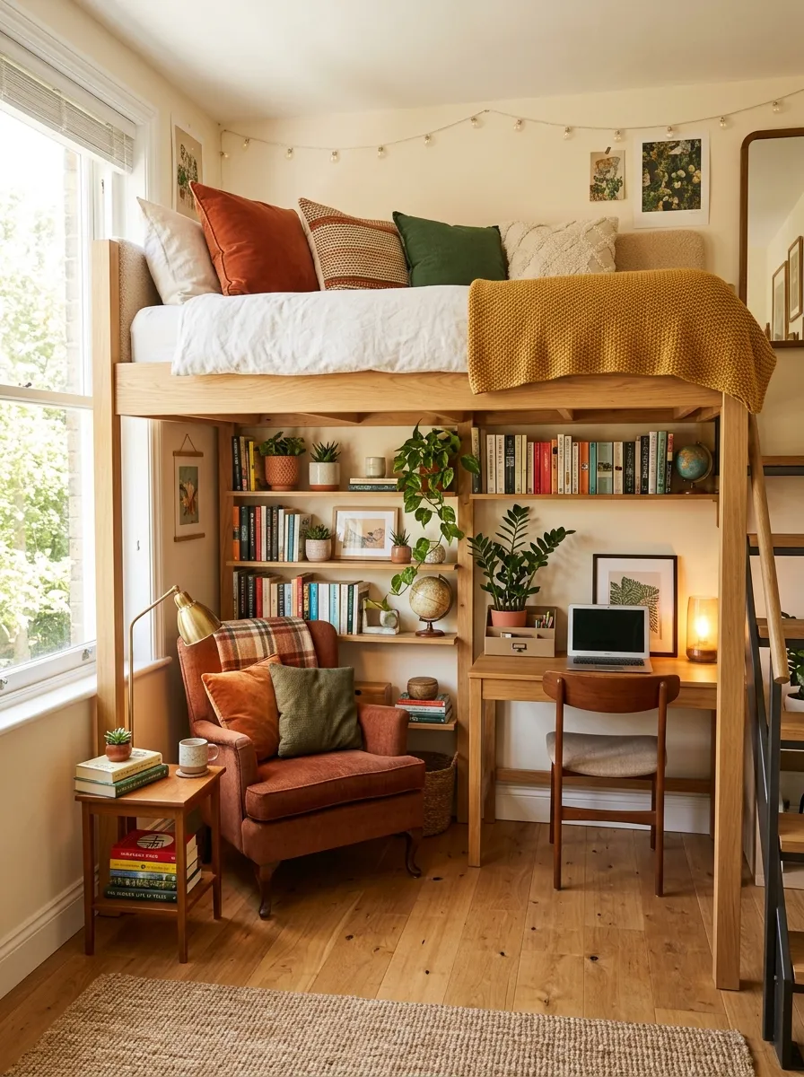 Prompt: A real-life photo of a neatly made loft bed in a small bedroom with a cozy reading nook and desk underneath, beautifully arranged cushions, organized bookshelf, clean wooden floor, bright natural light streaming through a window, vibrant warm color palette, shot in candid stock-photography style, no people, high resolution, Pinterest-worthy composition.