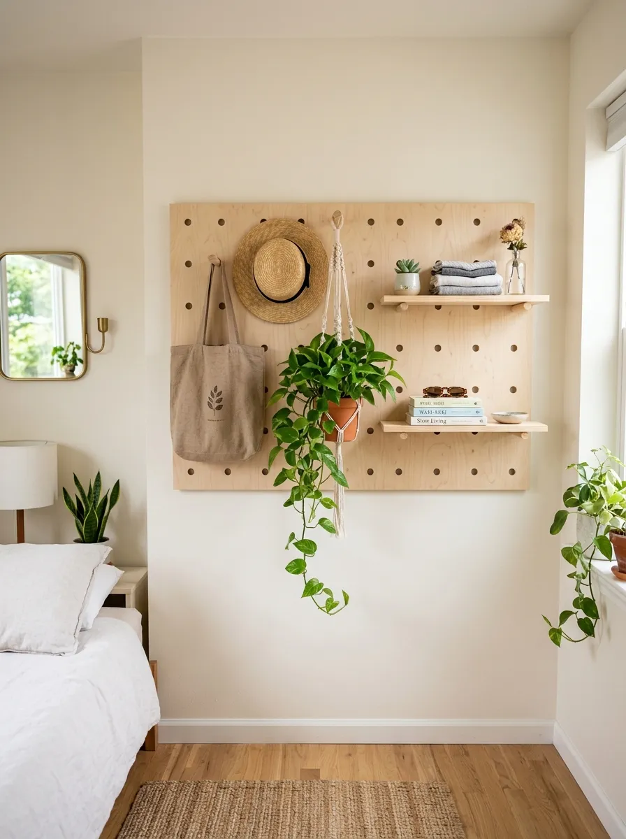 Prompt: A real-life photo of a wooden pegboard wall grid in a small bedroom, beautifully arranged with small hooks holding a tote bag, a hat, and a hanging plant, organized small shelves with folded items, clean minimal wall styling, bright natural light, vibrant green plant accent, candid stock-photography style, no people.