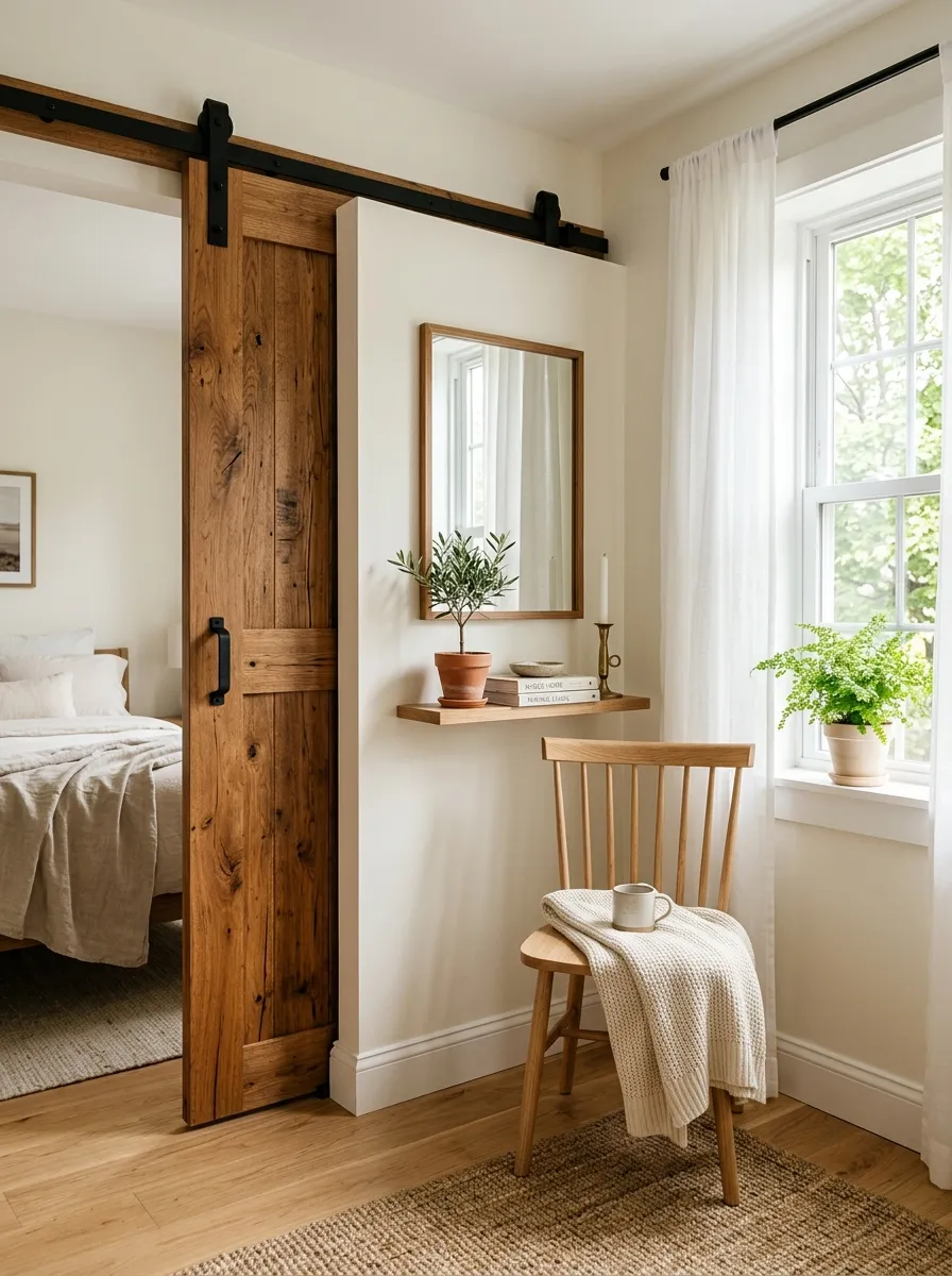 Prompt: A real-life photo of a wooden sliding barn door installed in a small bedroom, neatly styled entryway, a slim chair placed against the freed-up wall space, beautifully arranged small decor items nearby, clean organized layout, bright natural light coming through a window, vibrant warm wood tones, candid stock-photography style, no people, Pinterest-ready composition.