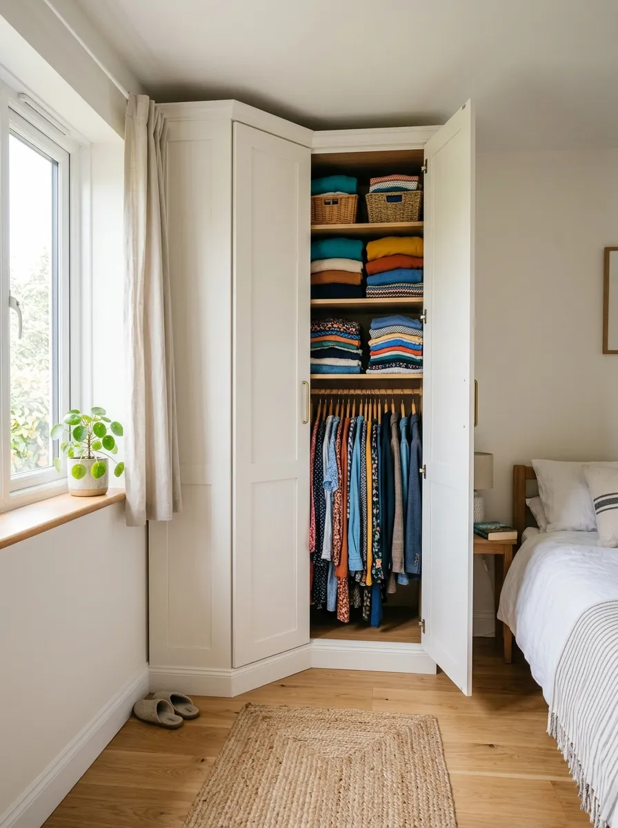 Prompt: A real-life photo of a neatly organized corner wardrobe fitted into the angle of a small bedroom, doors slightly open showing beautifully arranged folded clothes and hanging garments, clean open walkway in front, bright natural light filling the room, vibrant clothing colors visible inside, candid stock-photography style, no people.