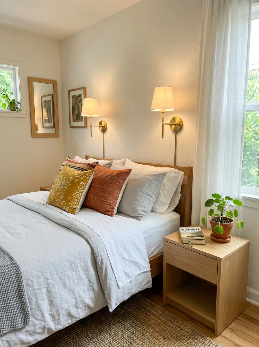 Prompt: A real-life photo of a pair of wall-mounted sconces above a neatly made bed in a small bedroom, warm soft glow, clean minimal nightstand holding only a small book and a plant, organized bedding, bright natural light mixing with the warm lamp light, vibrant cushion accents, candid stock-photography style, no people.