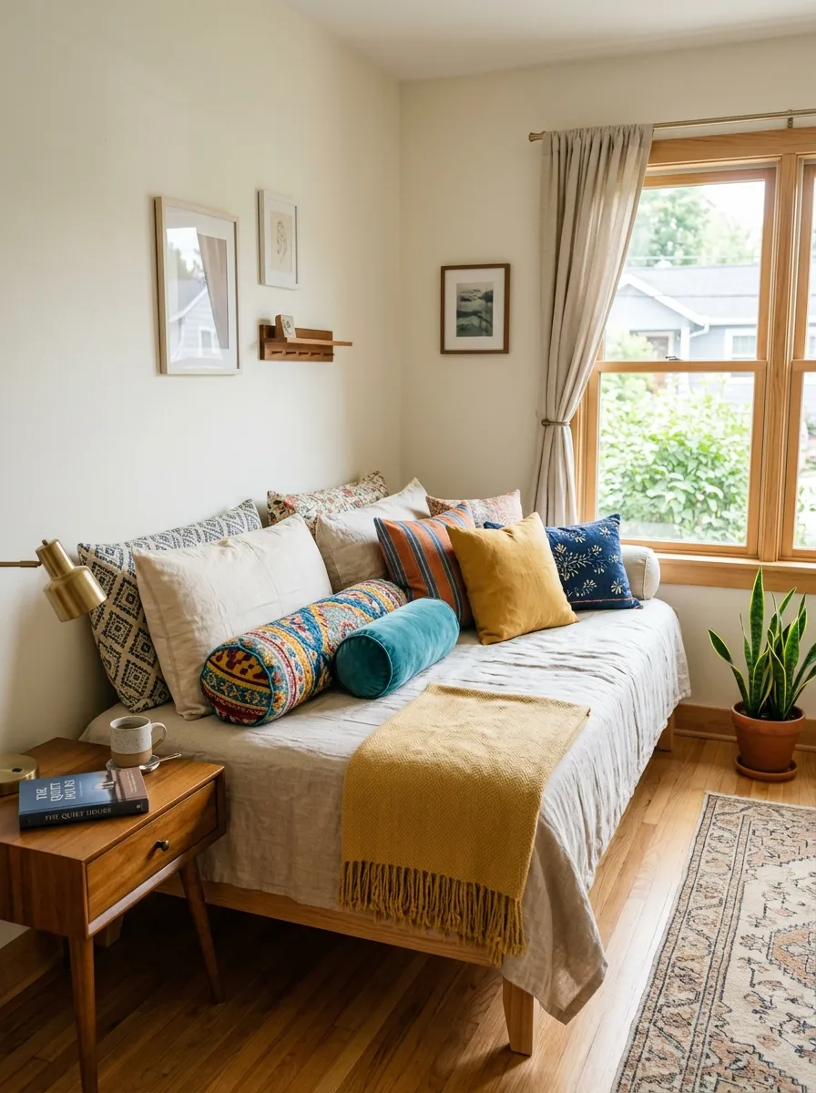 Prompt: A real-life photo of a neatly styled daybed against the wall in a small bedroom, beautifully arranged bolster pillows and a folded throw blanket, clean sofa-like daytime setup, organized small side table with a book, bright natural light through a window, vibrant colorful pillow accents, candid stock-photography style, no people.