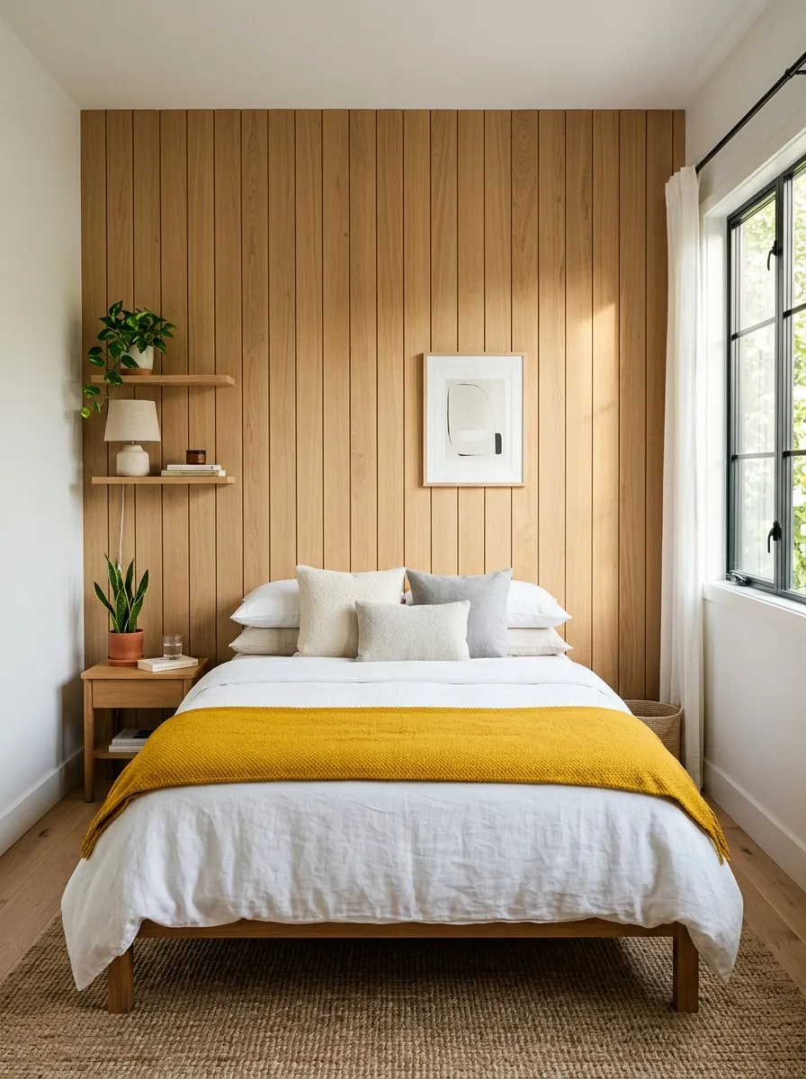 Prompt: A real-life photo of vertical wood paneling installed behind a neatly made bed in a small bedroom, light warm wood tone, beautifully arranged minimal bedding, clean and organized headboard wall, bright natural light emphasizing the tall vertical lines, vibrant accent through a single colored throw, candid stock-photography style, no people, Pinterest-ready composition.