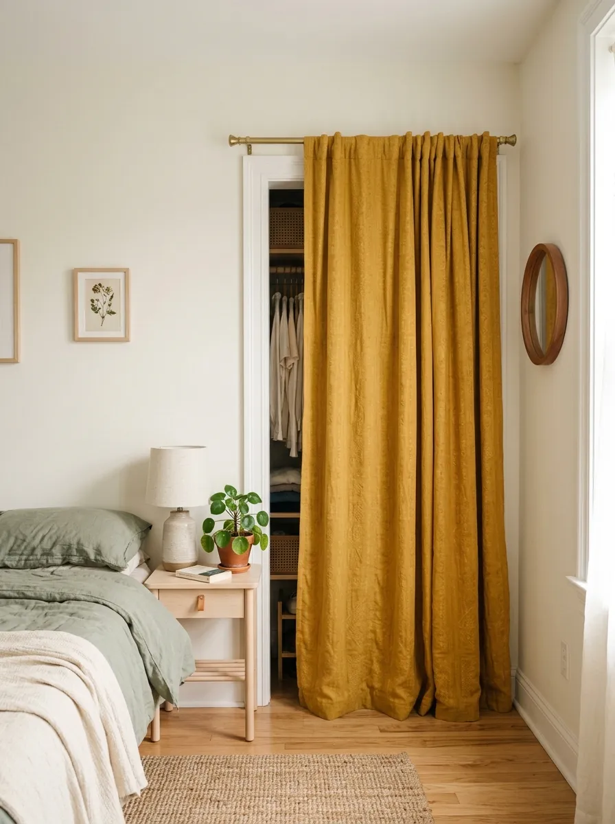 Prompt: A real-life photo of a closet in a small bedroom covered by a neatly hung fabric curtain instead of a door, beautifully arranged clothes barely visible through the gap, organized clean styling, bright natural light in the room, vibrant curtain color against neutral walls, candid stock-photography style, no people, Pinterest-ready composition.