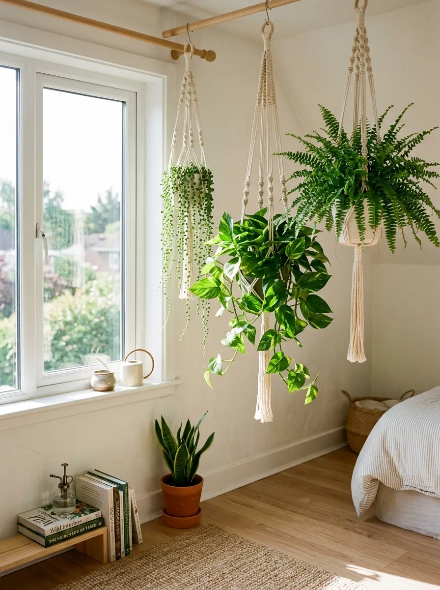 Prompt: A real-life photo of hanging plants in woven macrame planters near a window in a small bedroom, neatly styled leaves catching the light, clean organized floor space below, bright natural sunlight, vibrant green plant tones against a soft neutral wall, candid stock-photography style, no people.