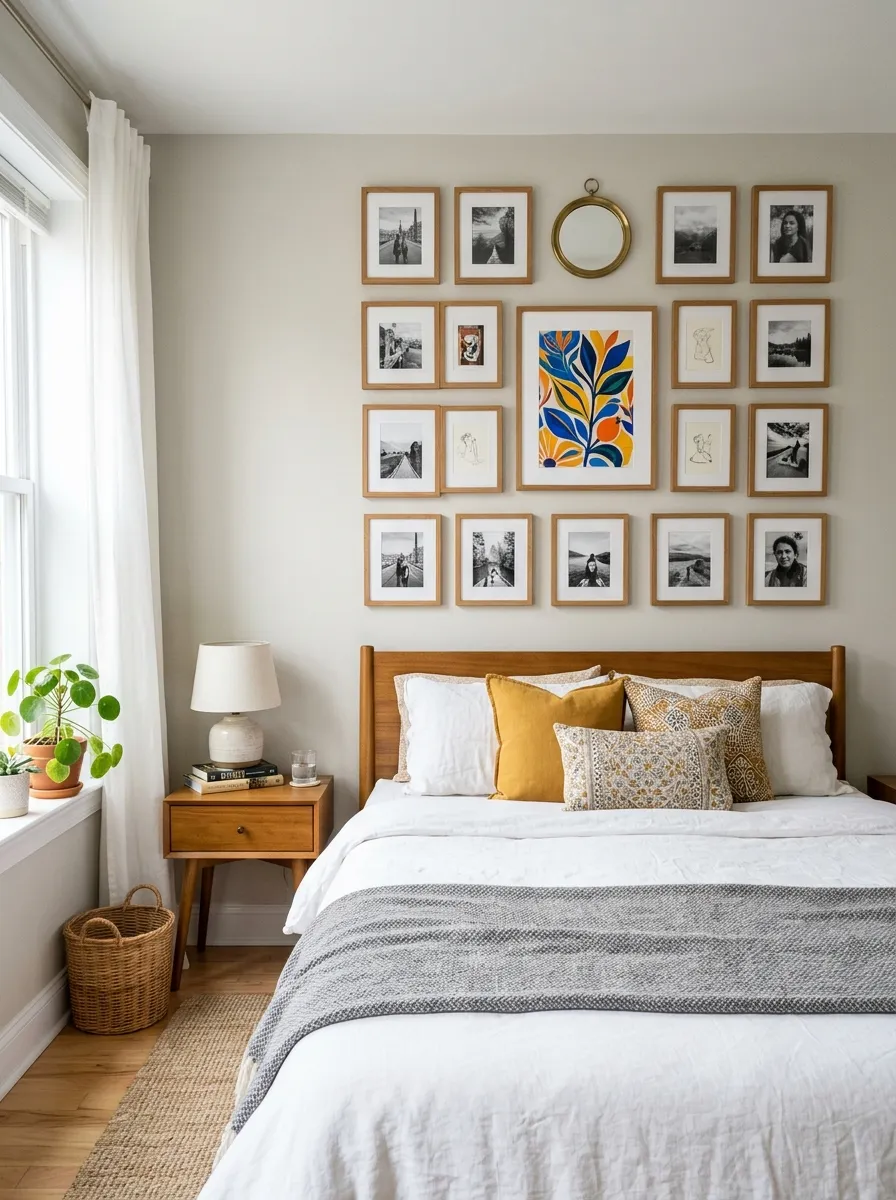 Prompt: A real-life photo of a neatly arranged gallery wall with small matching frames above a made bed in a small bedroom, beautifully organized mix of photos and a small mirror, clean symmetrical layout, bright natural light highlighting the frames, vibrant colorful print among the photos, candid stock-photography style, no people.