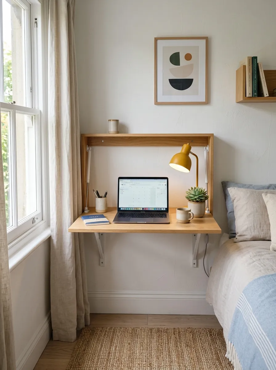 Prompt: A real-life photo of a fold-down wall desk open and neatly styled in a small bedroom, beautifully arranged laptop, small lamp, and a plant on top, organized clean wall mounting, bright natural light through a nearby window, vibrant accent color on a desk accessory, candid stock-photography style, no people.