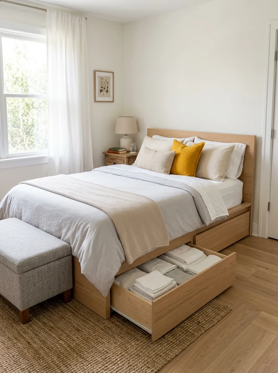 Prompt: A real-life photo of a neatly made platform bed with built-in storage drawers pulled slightly open showing organized folded linens, a small upholstered storage ottoman at the foot of the bed, beautifully arranged neutral bedding, clean minimal small bedroom, bright natural light, vibrant accent color on a throw pillow, candid stock-photography style, no people.