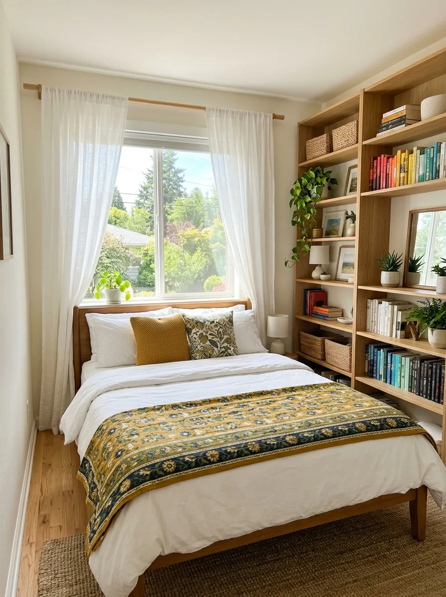 Prompt: A real-life photo of a neatly made bed pushed against a window wall in a small bedroom, sheer curtains softly framing the headboard, the opposite main wall holding organized shelving, clean balanced layout, bright natural light flooding through the window behind the bed, vibrant bedding accent color, candid stock-photography style, no people, Pinterest-ready composition.
