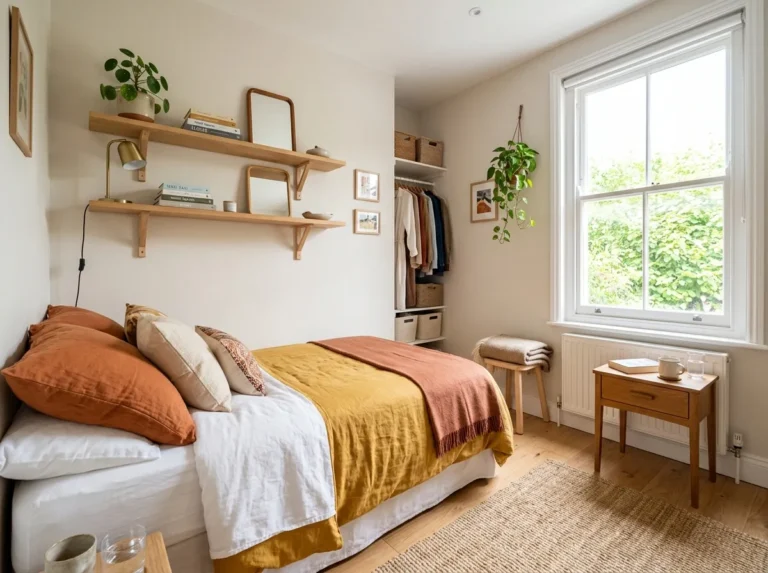 A real-life photo of a beautifully styled small bedroom, neatly made bed with layered organized bedding, floating shelves and space-saving furniture visible, clean and clutter-free layout, bright natural light flooding through a window, vibrant warm color accents, cozy yet spacious feeling, shot in candid stock-photography style, no people, Pinterest-ready composition, high resolution.