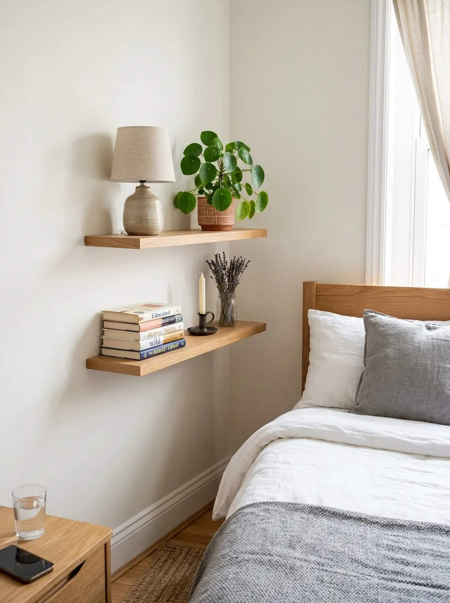 Prompt: A real-life photo of two slim floating wooden shelves mounted on the wall beside a neatly made bed, beautifully arranged with a small ceramic lamp, a stack of books, and a potted plant, organized and clutter-free, clean small bedroom wall, bright natural light, vibrant green plant accent against neutral walls, candid stock-photography style, no people.