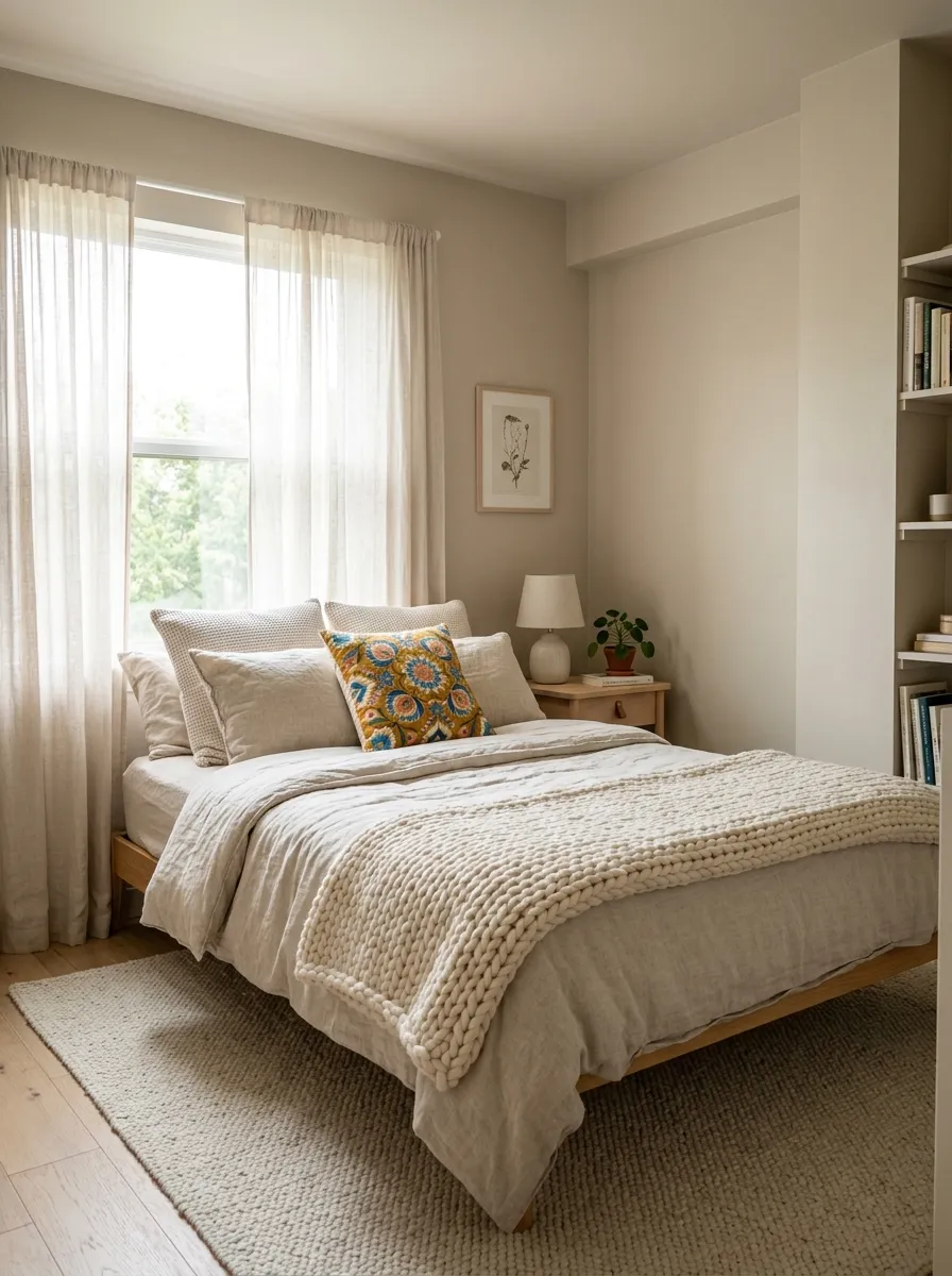 Prompt: A real-life photo of a small bedroom painted in one soft monochromatic tone from wall to ceiling, neatly made bed with beautifully arranged textured linen bedding and a chunky knit throw, organized and clean layout, soft area rug, bright natural light pouring through a sheer curtain, gentle vibrant accent through a single colorful cushion, candid stock-photography style, no people.