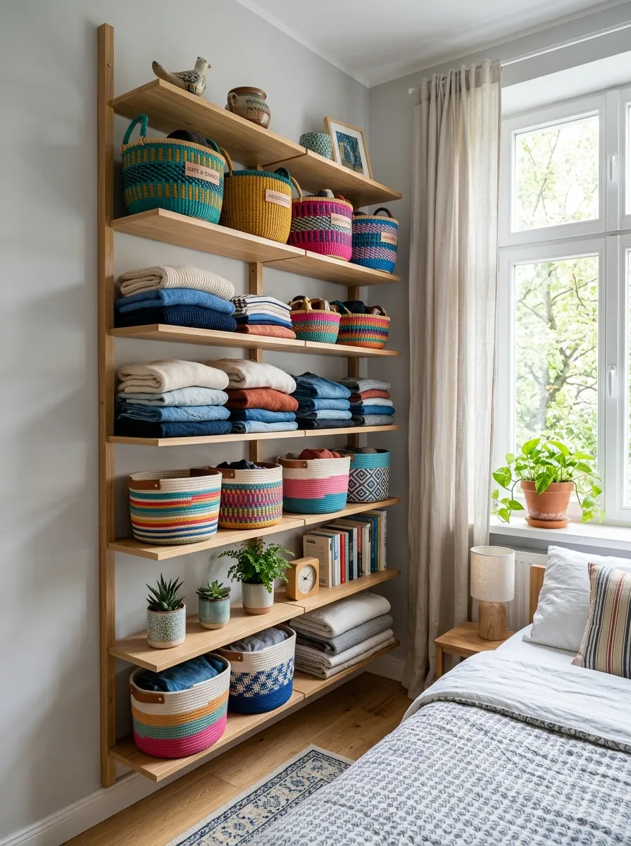 Prompt: A real-life photo of a tall narrow wall-mounted shelving unit in a small bedroom, beautifully arranged with folded clothes, baskets, and decorative objects, neatly organized from floor to ceiling, clean modern layout, bright natural light from a nearby window, vibrant colorful storage baskets against a neutral wall, candid stock-photography style, no people.
