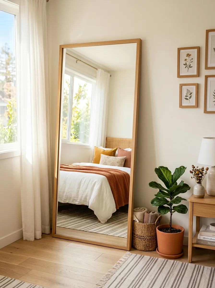 Prompt: A real-life photo of a large full-length mirror leaning against the wall in a neatly organized small bedroom, reflecting a beautifully made bed and a window, clean minimal styling, bright natural light bouncing off the mirror surface, vibrant warm-toned decor accents, candid stock-photography style, no people, Pinterest-ready composition.