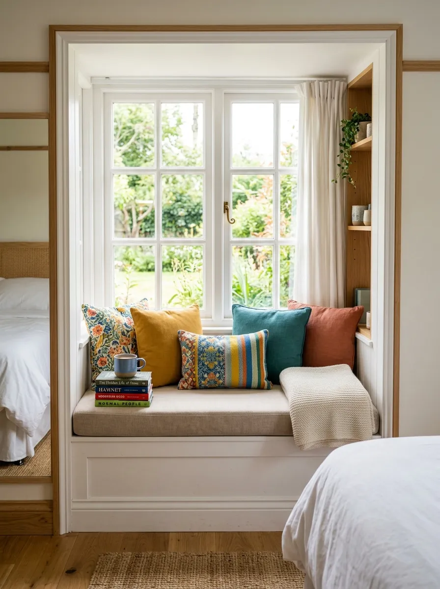 Prompt: A real-life photo of a cozy built-in window reading nook in a small bedroom, neatly arranged cushions and a folded throw blanket, a small stack of books, organized and clean styling, bright natural light pouring through the window, vibrant colorful cushions against a neutral bench, candid stock-photography style, no people.