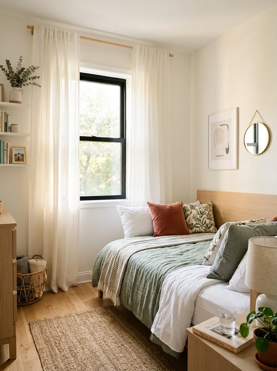 Prompt: A real-life photo of a small bedroom with sheer curtains hung close to the ceiling and wider than the window frame, neatly made bed below, beautifully arranged decor, clean airy layout, bright natural sunlight filtering through the flowy fabric, vibrant soft color palette, candid stock-photography style, no people.