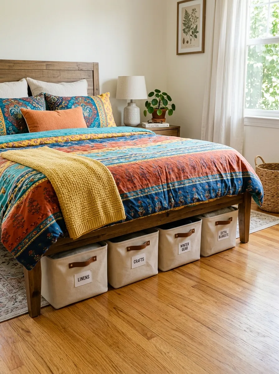 Prompt: A real-life photo of neatly organized fabric storage bins tucked under a beautifully made bed in a small bedroom, labeled baskets slightly visible, clean and clutter-free floor, bright natural light from a nearby window, vibrant accent colors on the bedding, candid stock-photography style, no people.