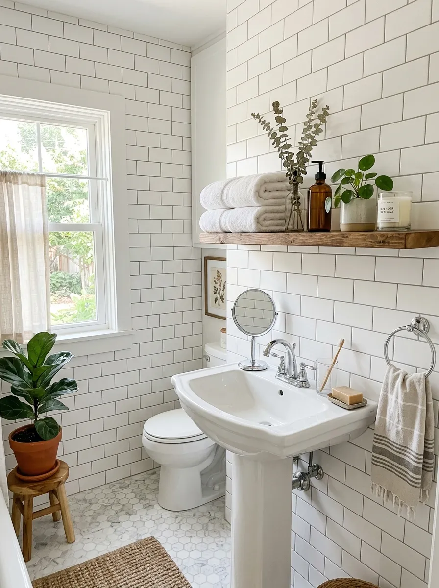 Real-life photograph of a small bathroom with neatly arranged white subway tile walls in a classic running bond pattern, clean chrome fixtures, bright natural light streaming through a window, organized shelf with folded white towels, beautifully arranged décor, vibrant fresh atmosphere, shot on a DSLR camera, Pinterest-style home interior photography.