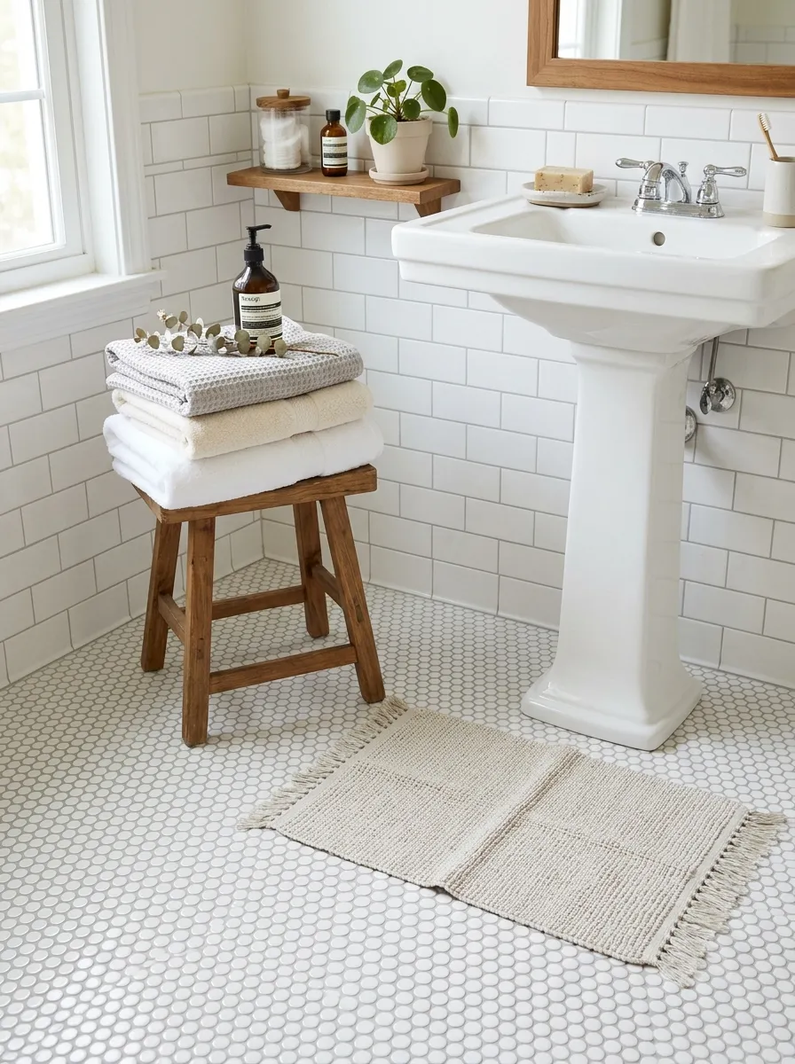 Real-life photograph of a bathroom floor with neatly arranged white penny tile flooring and thin gray grout lines, clean pedestal sink visible nearby, bright natural light, organized small bath mat, beautifully arranged folded towels, vibrant fresh tones, realistic stock photo, Pinterest bathroom flooring inspiration.