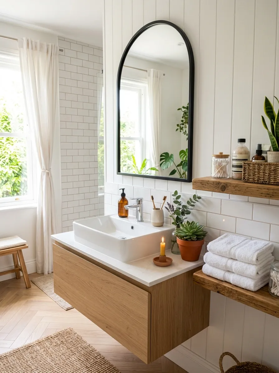 Real-life photograph of a bathroom with a neatly arranged arched mirror above a clean white sink, bright natural light streaming in, organized folded towels on a nearby shelf, beautifully arranged small candle and greenery, vibrant fresh tones, realistic stock photography, Pinterest bathroom design inspiration.