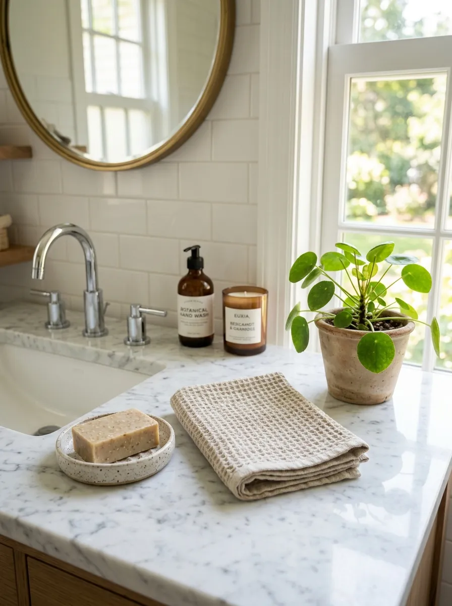 Real-life photograph of a bathroom countertop made of white marble with subtle gray veining, neatly arranged ceramic soap dish and folded hand towel, clean faucet, bright natural light through a window, beautifully arranged small plant, vibrant tones, realistic stock photo, Pinterest home design style.