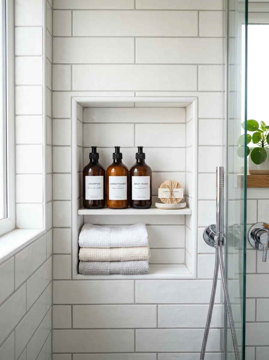 Real-life photograph of a shower wall with a neatly arranged built-in tile niche holding folded washcloths and organized bottles, clean white tile surrounding it, bright natural light, beautifully arranged small soap bar, vibrant fresh tones, realistic stock photography, Pinterest bathroom storage inspiration.