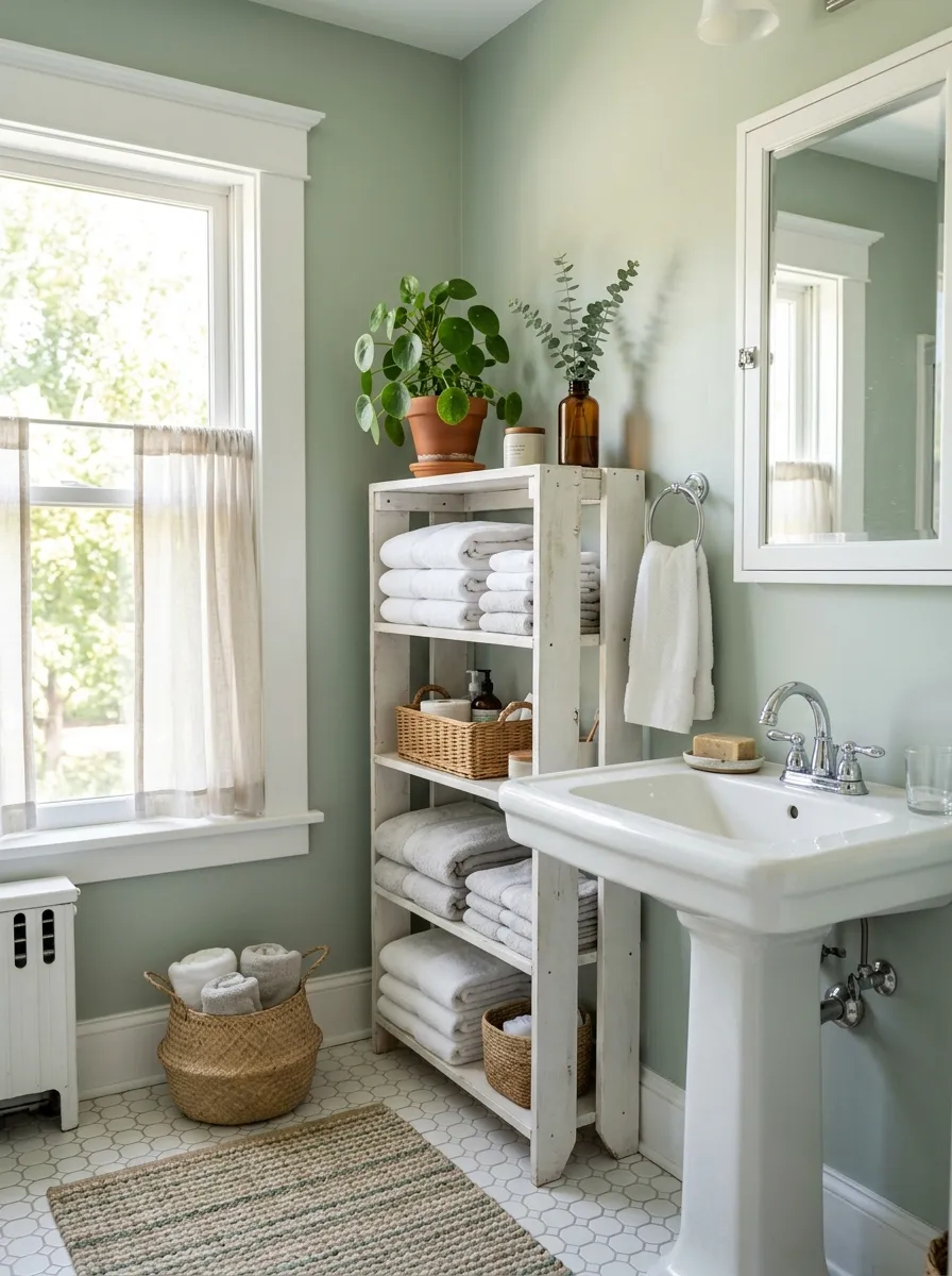 Real-life photograph of a bathroom with neatly painted soft sage green walls, clean white trim and pedestal sink, bright natural light through a window, organized folded towels on an open shelf, beautifully arranged small plant, vibrant fresh color palette, realistic stock photo, Pinterest bathroom color inspiration.