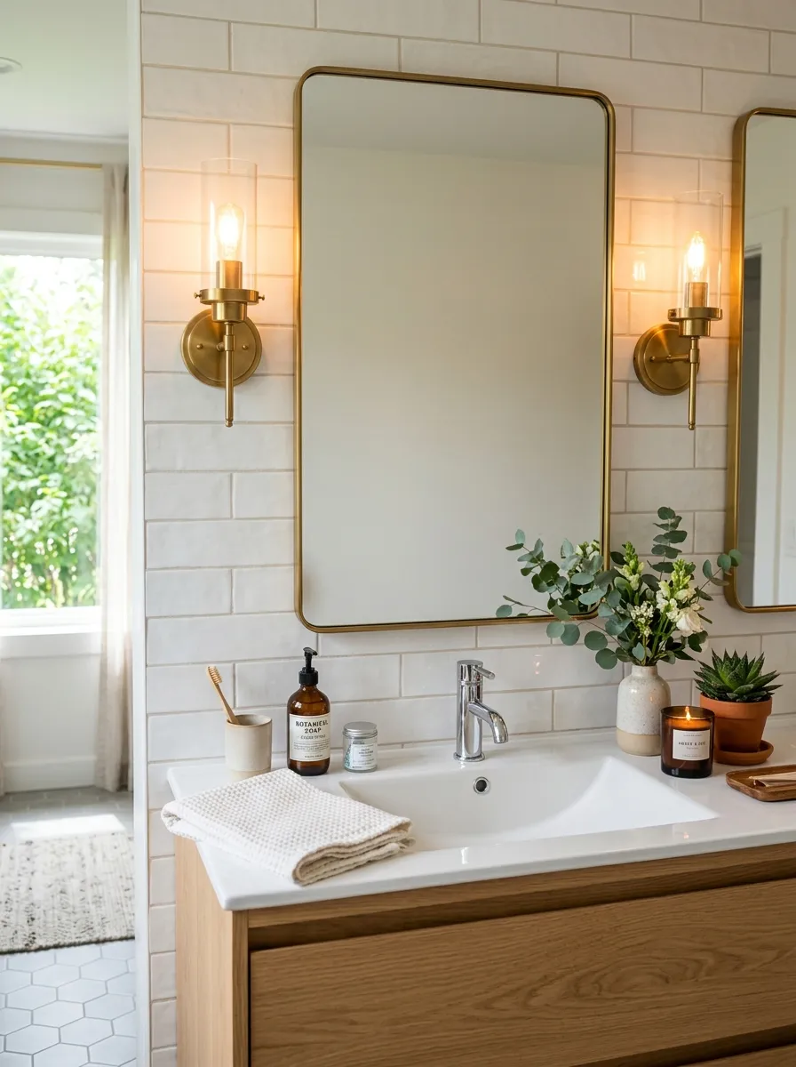 Real-life photograph of a bathroom mirror flanked by two neatly arranged brass wall sconces, clean white sink below, bright natural light mixing with warm sconce light, organized folded hand towel, beautifully arranged small decor, vibrant tones, realistic stock photography, Pinterest lighting inspiration.
