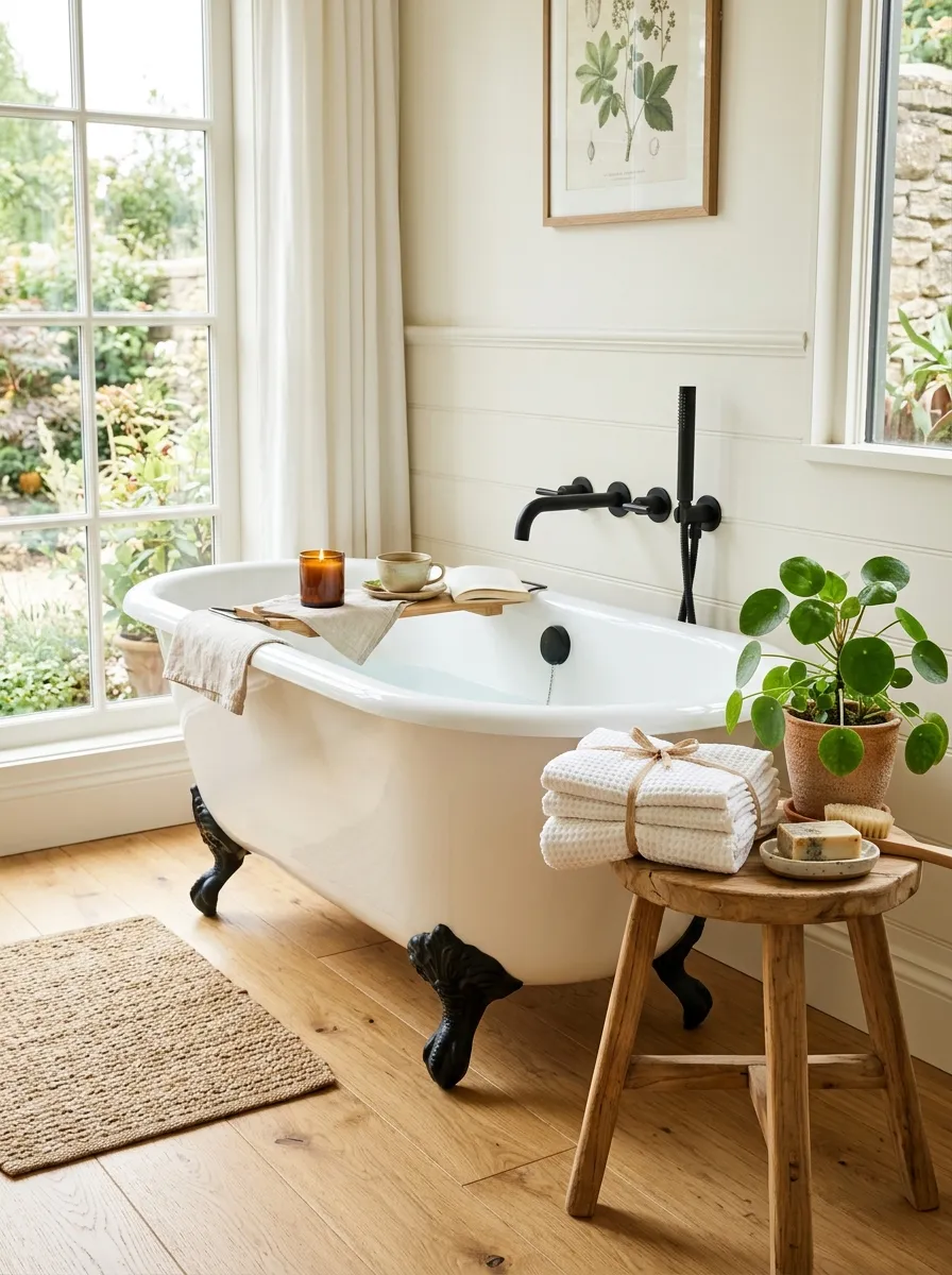 Real-life photograph of a bathroom with a neatly arranged white clawfoot tub, modern matte black faucet, clean wood flooring, bright natural light through a window, organized folded towels on a nearby stool, beautifully arranged small plant, vibrant fresh tones, realistic stock photography, Pinterest bathroom inspiration.
