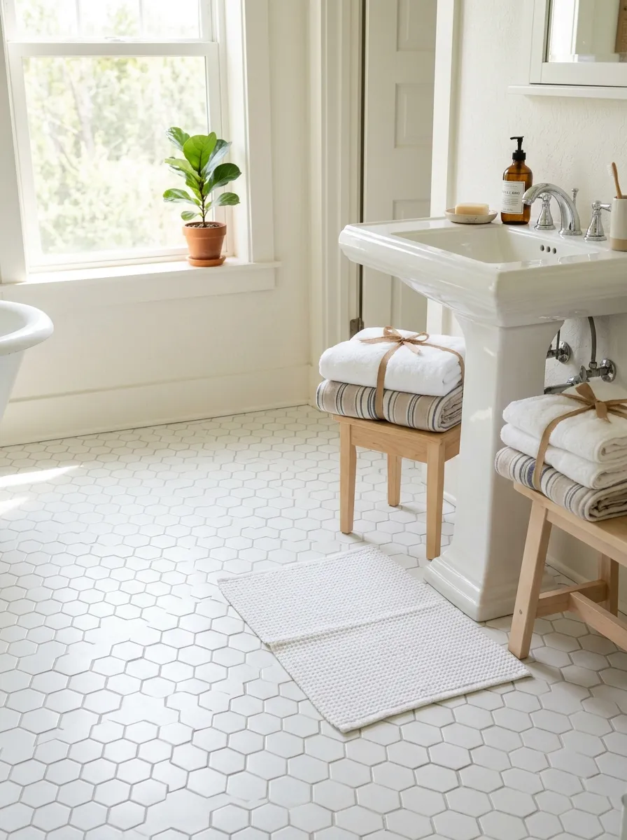 Real-life photograph of a bathroom floor with neatly arranged white hexagon tile, clean pedestal sink nearby, bright natural light streaming in, organized small bath mat, beautifully arranged folded towels, vibrant fresh tones, realistic stock photo, Pinterest bathroom flooring inspiration.