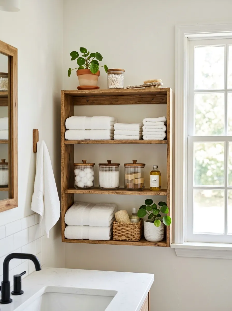Real-life photograph of a bathroom with a neatly arranged open wooden shelf holding folded white towels, glass jars, and a small plant, clean wall behind, bright natural light through a window, beautifully arranged organized display, vibrant fresh tones, realistic stock photography, Pinterest bathroom storage inspiration.