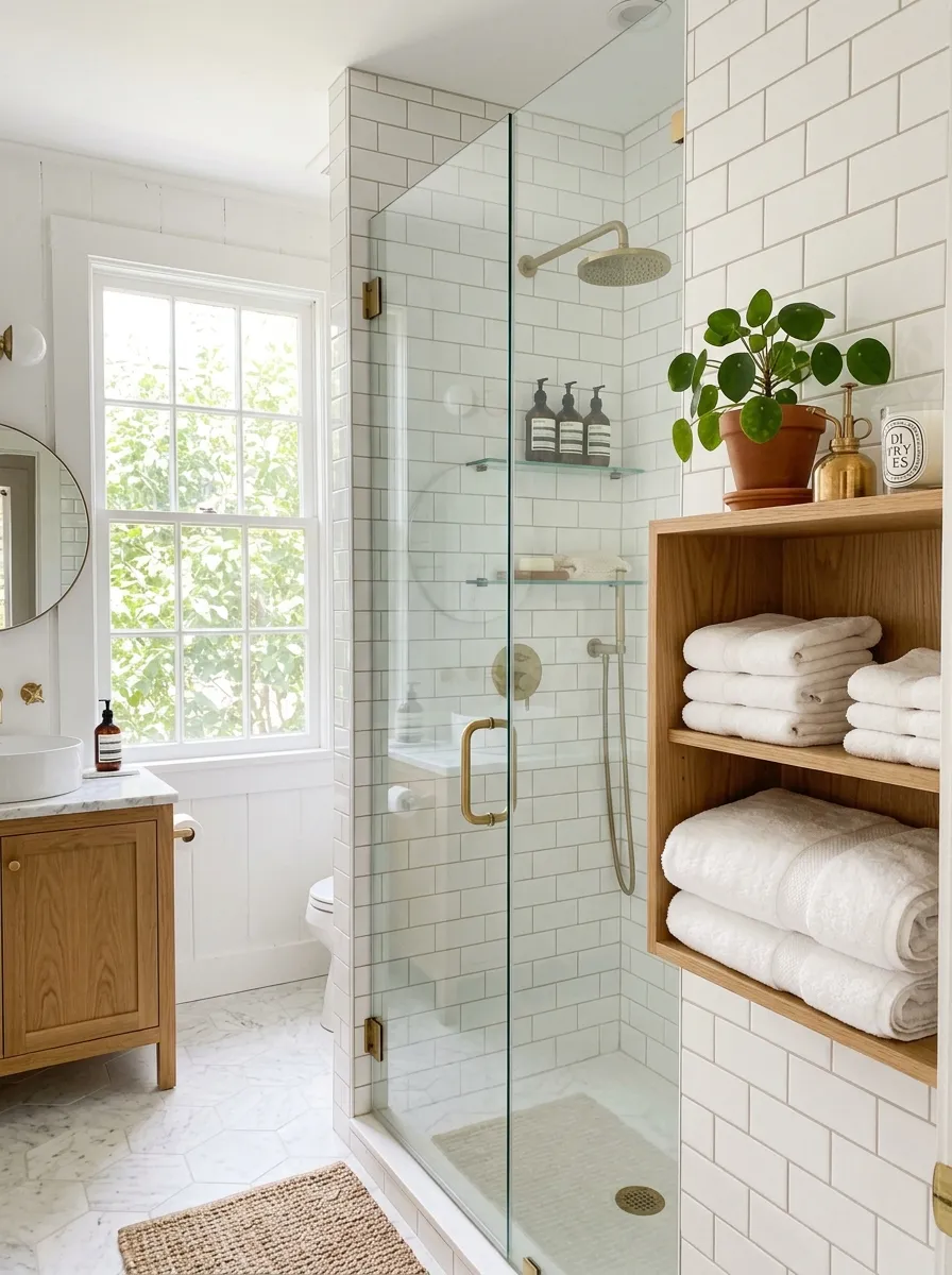 Real-life photograph of a bathroom with a neatly arranged frameless glass shower enclosure, clean white subway tile inside, bright natural light through a window, organized folded towels on a nearby shelf, beautifully arranged small plant, vibrant fresh tones, realistic stock photo, Pinterest shower design inspiration.