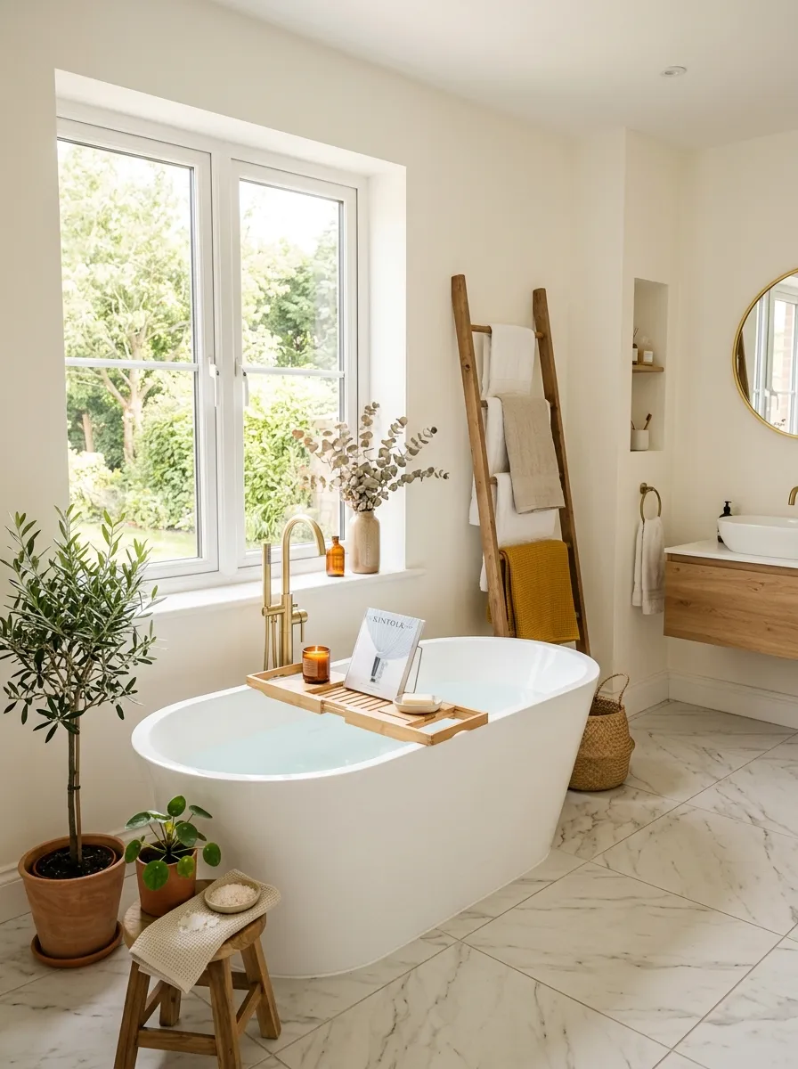 Real-life photograph of a bright bathroom with a neatly arranged freestanding white soaking tub positioned near a large window, bright natural light, clean marble-look flooring, organized towel ladder with folded towels, small potted plant, beautifully arranged minimal décor, vibrant warm tones, realistic stock photo style, Pinterest-ready home interior.