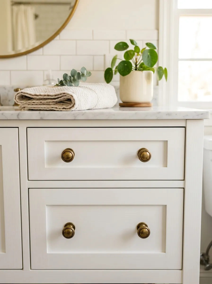 Real-life photograph of a bathroom vanity drawer with neatly arranged vintage-style brass knobs, clean white cabinet surface, bright natural light, organized folded hand towel on top, beautifully arranged small greenery, vibrant warm tones, realistic stock photography, Pinterest cabinet hardware inspiration.